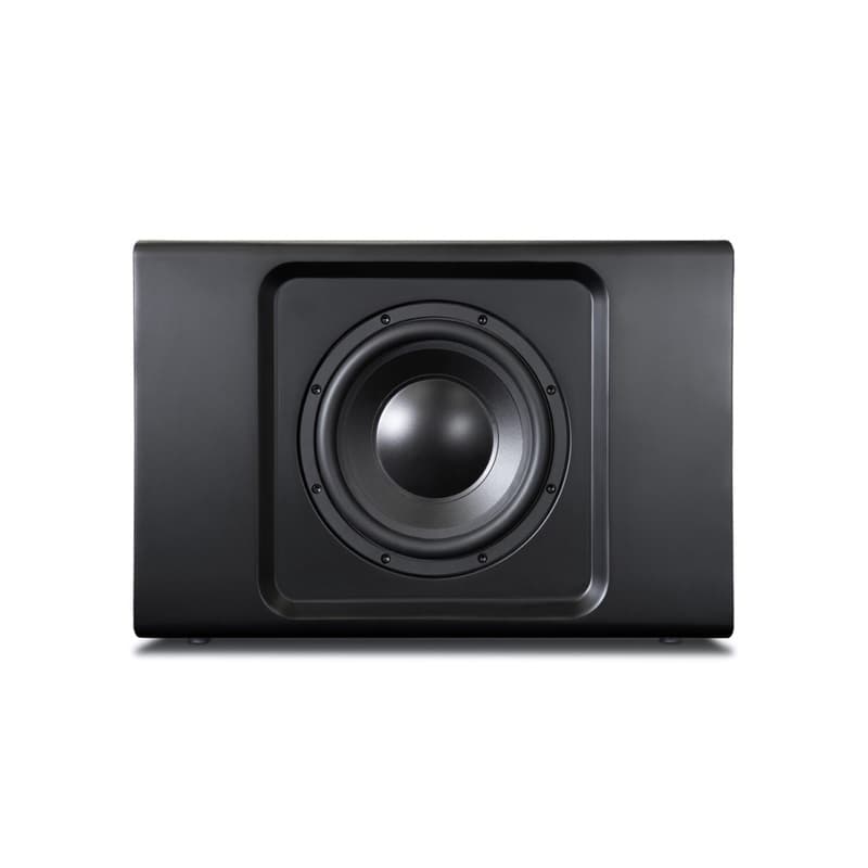 Black network powered subwoofer with a prominent front-facing speaker cone, featuring a sleek, minimalist design and sturdy construction, ideal for professional audio setups.