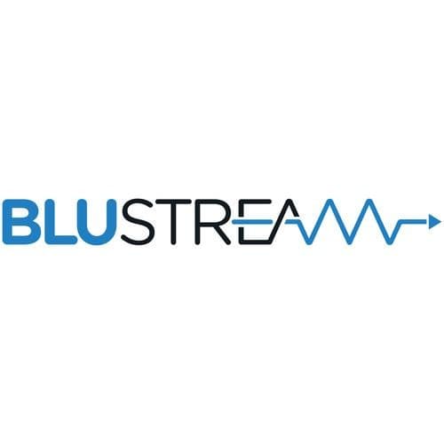 Black Blustream IP50HD-TX AV Receiver featuring a sleek design with the brand name "BLUSTREAM" in blue and black, accented by a blue waveform graphic.
