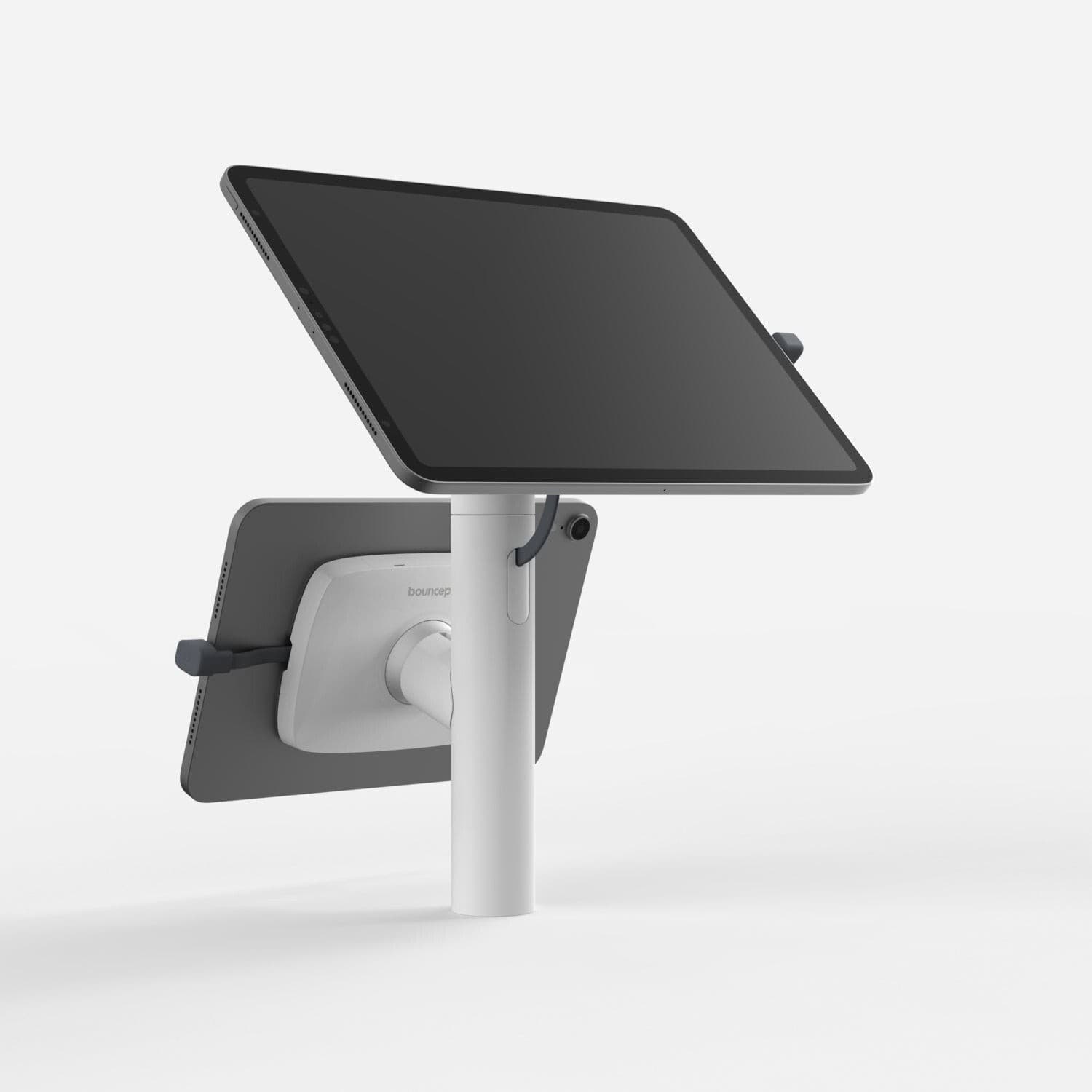 White Bouncepad Core Twin stand with dual tablet mounts, featuring a sleek design, adjustable viewing angles, and compatibility with all USB-C devices.