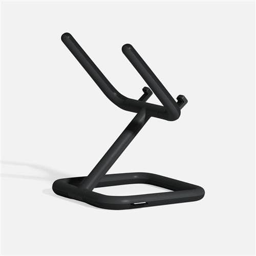 Adjustable black tablet stand with a sleek, modern design, featuring a sturdy base and angled support arms for universal tablet compatibility.