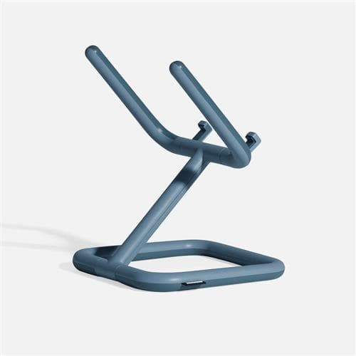 Adjustable blue tablet stand with a sturdy base and ergonomic design, featuring two angled arms for secure tablet positioning.