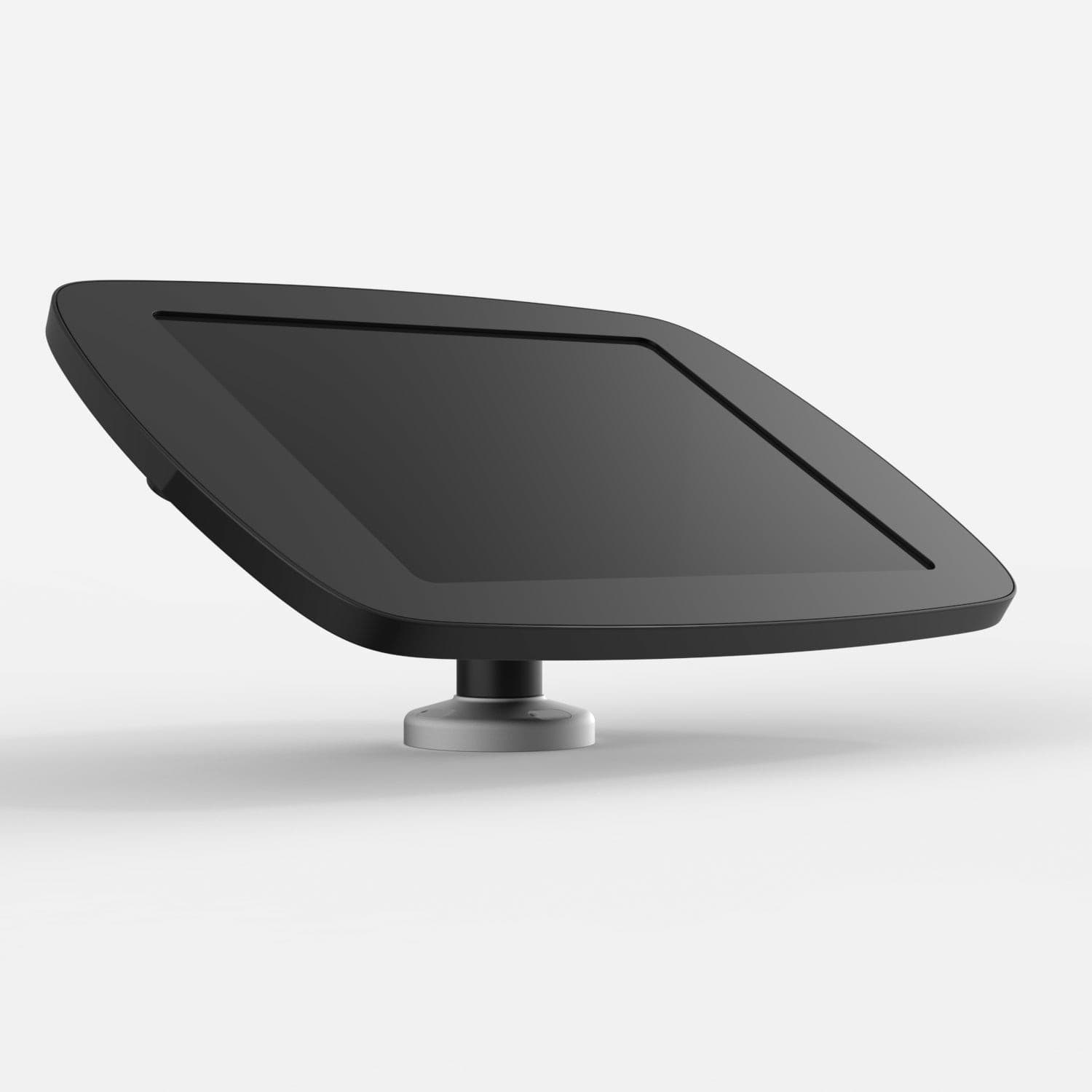 Black Bouncepad Swivel Desk with an exposed front camera and home button, featuring a sleek design and a sturdy silver base for adjustable positioning.