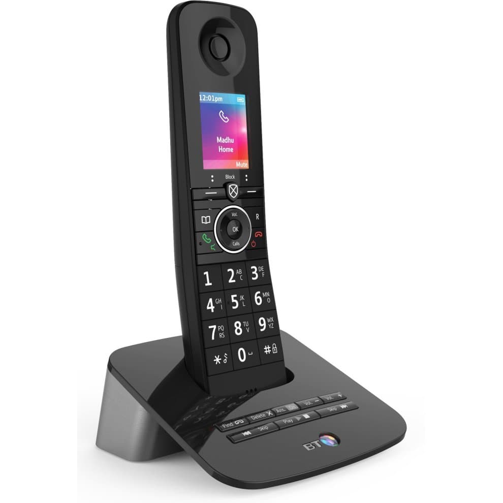 Black DECT telephone with a sleek design, featuring a color display, keypad with numbers, and a charging base, designed for home use by British Telecom.