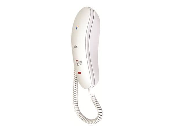 White analog telephone with a sleek, curved design, featuring a coiled cord, a red button, and a logo on the top, ideal for basic calling needs.