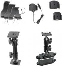 Black passive holder for tablets/UMPCs featuring adjustable mounts, a sturdy base, and multiple attachment options for secure positioning.