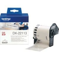 Brother Clear Continuous Film Tape in black dispenser with white label roll, blue packaging box with product details.