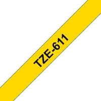 Yellow Brother Laminated tape 6mm with black text "TZE-611" diagonally across.