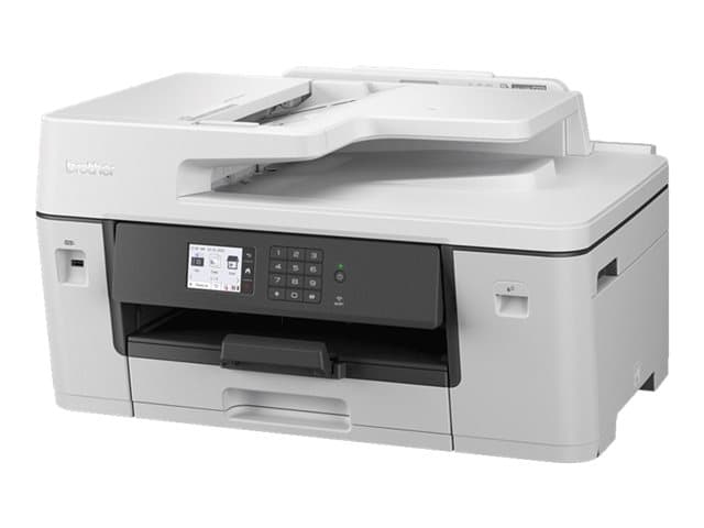 Wireless multifunction A3 inkjet printer in white with a sleek design, featuring a control panel, paper tray, and automatic document feeder for printing, scanning, copying, and faxing.