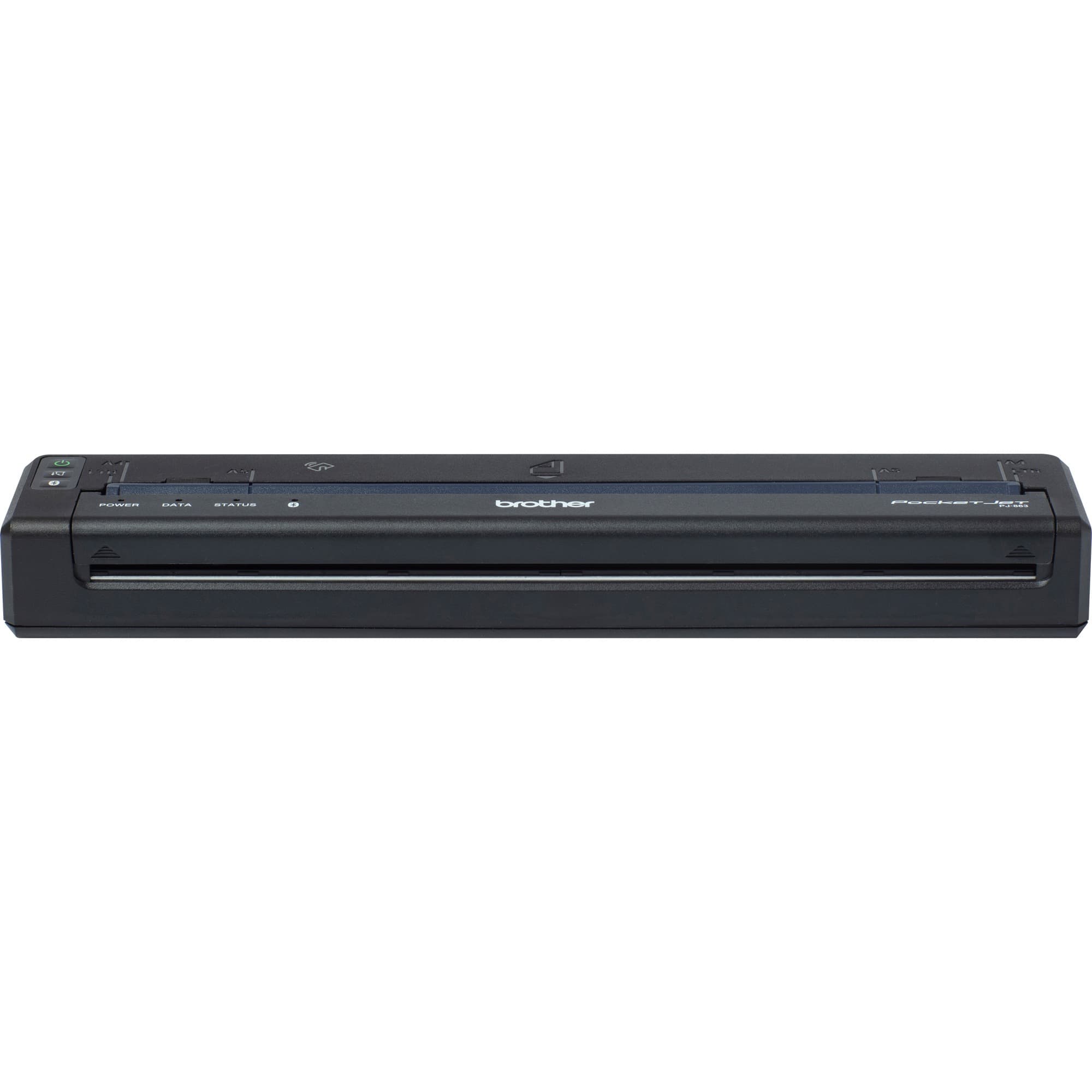 Compact black thermal printer with a sleek design, featuring a paper output slot, control buttons, and connectivity options for wired and wireless printing.