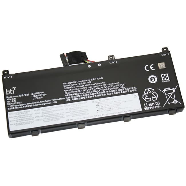 Black lithium-ion battery with six cells, labeled BTI, model SB10T83145, featuring safety symbols and specifications printed on the surface, designed for Lenovo ThinkPad P53.