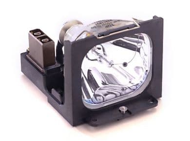 BTI projector lamp with a transparent glass bulb encased in a black plastic housing, featuring electrical connectors on one side for compatibility with Smartboard models.