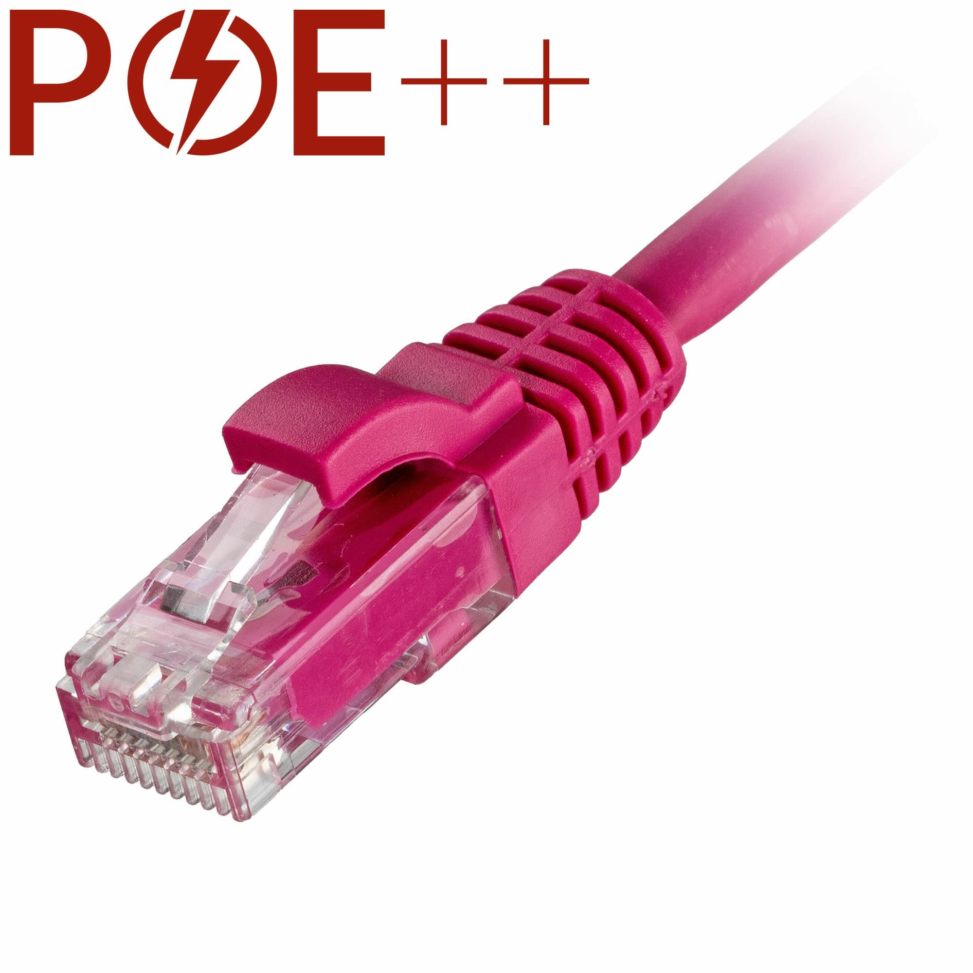 Pink 0.3m Cat6 RJ45 patch cable with snagless booted design and 24AWG U/UTP LSOH material, featuring a clear connector for easy visibility.