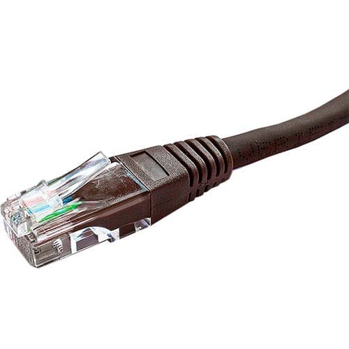Brown 0.5m Cat5e RJ45 Ethernet cable with a flush moulded boot, made of PVC and 24AWG wire, featuring a clear connector with internal wiring visible.