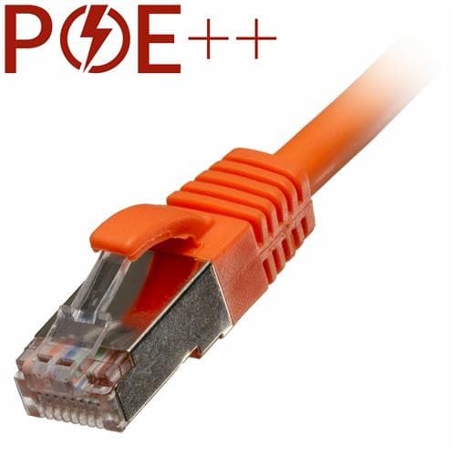 Orange 10m Cat6a RJ45 Ethernet cable with a snagless booted design, featuring a clear connector and metal shielding for enhanced performance.