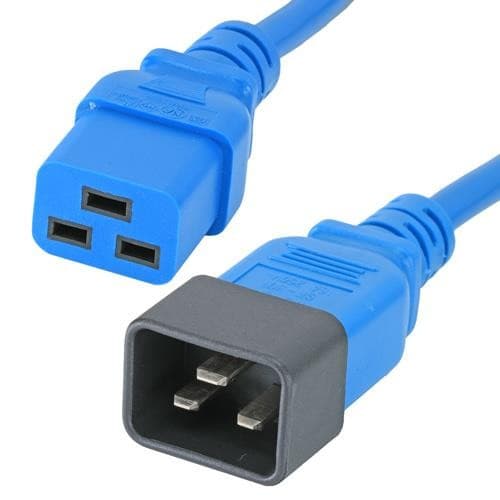 Blue PVC power lead featuring an IEC C20 connector on one end and an IEC C19 connector on the other, both with three prongs, measuring 1 meter in length.