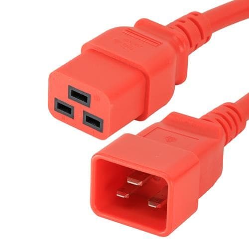 Red PVC power lead featuring a 1m length with IEC C20 and IEC C19 connectors, designed for durable electrical connections.
