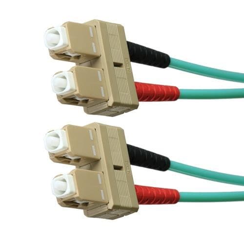 Aqua LSOH fibre patch lead with two SC-SC duplex connectors, featuring beige housings and color-coded cables in aqua, red, and black, measuring 1 meter in length.