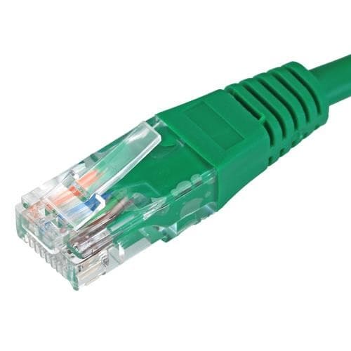Green 20m Cat5e RJ45 Ethernet cable with a flush moulded booted connector, featuring a transparent plastic housing and 24AWG copper wiring.