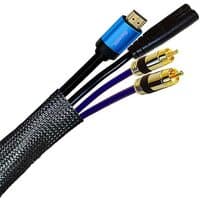 Black braided sleeving by Cablenet, 25m length, fits 20mm-40mm cables, LSOH, shown with cables inside.