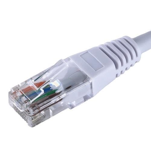 White 2m Cat5e RJ45 Ethernet cable with a flush moulded boot and 24AWG U/UTP PVC material, featuring a clear connector showing color-coded wires inside.
