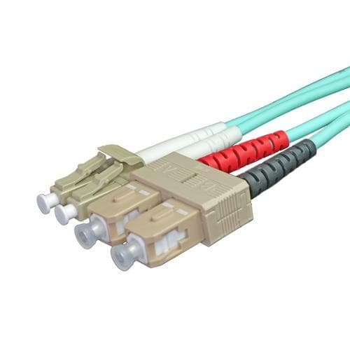 Aqua-colored 2m OM3 50/125 LC-SC duplex fibre patch lead featuring two beige connectors and color-coded strain relief boots in red, white, and black.