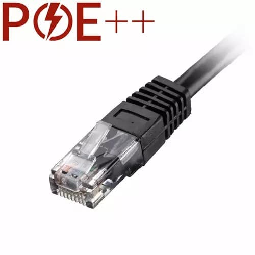 Black 30m Cat6 RJ45 Ethernet cable with a flush moulded boot, 24AWG U/UTP PVC material, designed for high-speed data transmission and Power over Ethernet (PoE) capability.