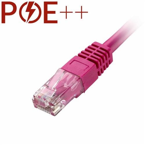 30m pink Cat6 RJ45 patch cable with U/UTP PVC material, featuring a flush moulded boot and 24AWG wire gauge, designed for high-speed data transmission.