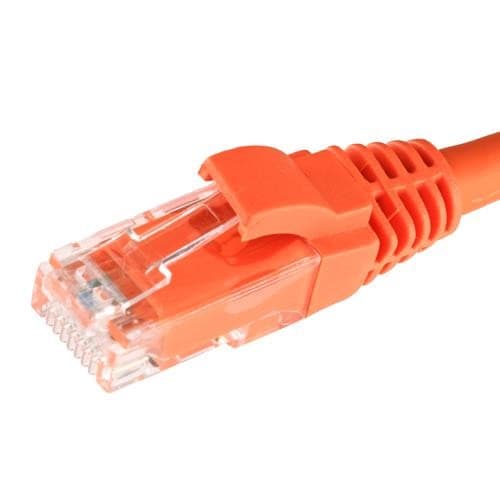 Bright orange 3m Cat5e RJ45 Ethernet cable with a snagless booted connector, featuring a flexible U/UTP design and 24AWG wire gauge for reliable network connectivity.