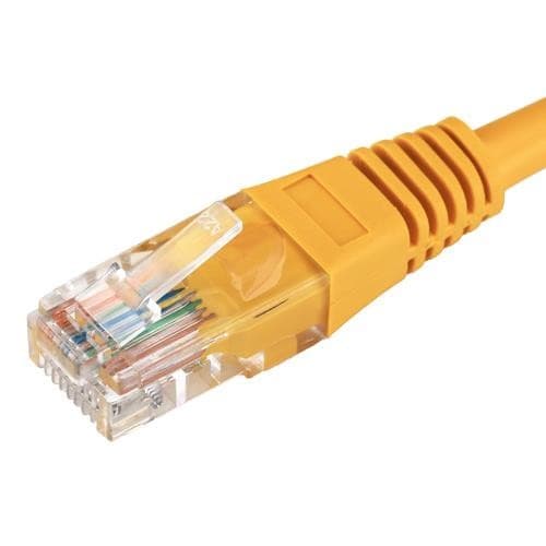 Yellow 4m Cat5e RJ45 Ethernet cable with a transparent booted connector, featuring 24AWG U/UTP PVC material for durability and flexibility.
