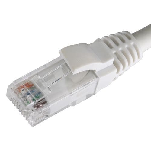 White 5m Cat5e RJ45 Ethernet cable with a snagless booted connector, featuring a clear plastic housing that reveals the internal wiring.