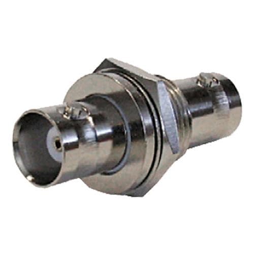 Silver BNC bulkhead socket with insulated coupler, featuring a 75 Ohm rating, metal construction, and two connection points for secure cable attachment.
