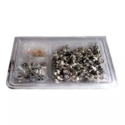 A clear plastic packaging containing 100 silver diecast BNC crimp plugs and connectors, showcasing their metallic finish and various components for cable assembly.