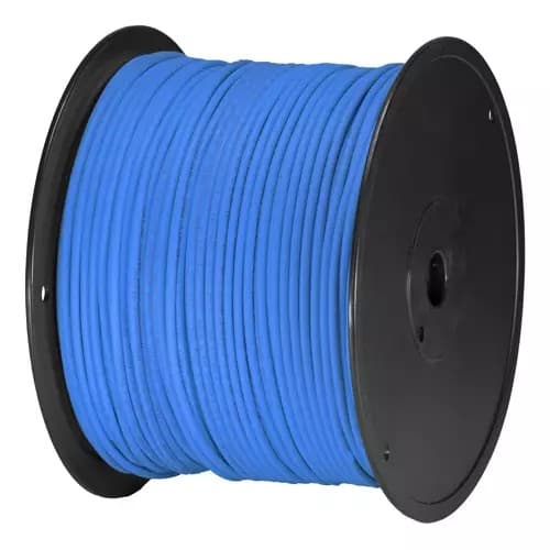 Blue U/UTP PVC 24AWG stranded patch cable on a black spool, featuring a 305m length suitable for networking applications.