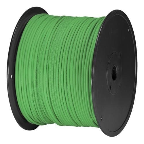 Green Cat5e U/UTP PVC 24AWG stranded patch cable on a black spool, with a length of 305 meters, designed for networking applications.
