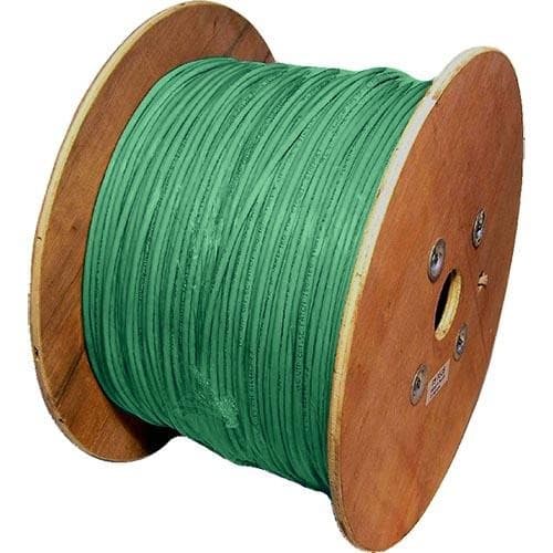 Green Cablenet Cat5e U/UTP PVC 24AWG stranded patch cable on a wooden reel, showcasing a 500m length suitable for networking applications.