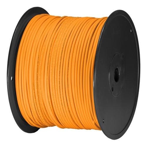 Orange Cat5e U/UTP PVC 24AWG stranded patch cable on a black spool, featuring a 305m length for networking applications.