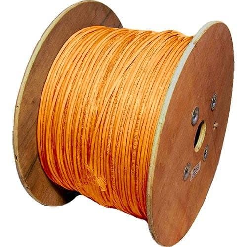 Orange Cat5e U/UTP PVC 24AWG stranded patch cable wound on a wooden reel, showcasing its vibrant color and durable material for networking applications.