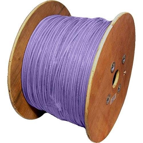 Violet U/UTP PVC 24AWG stranded patch cable on a wooden reel, showcasing a 500m length suitable for networking applications.