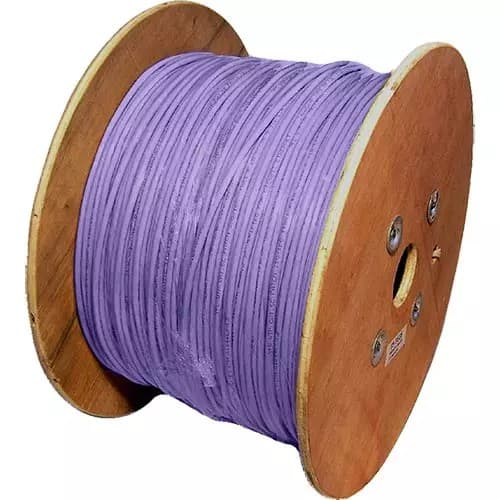 Violet Cat6a S/FTP LSOH 26AWG stranded patch cable on a wooden reel, showcasing a 500m length for networking applications.