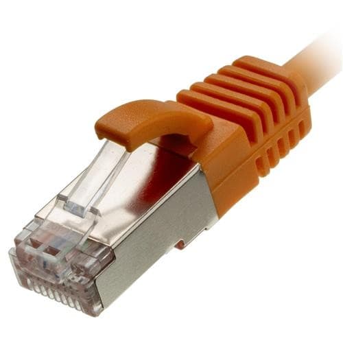 Orange 0.25M Cat6 UTP cable with a slim design, featuring a transparent connector with a locking tab and a metallic housing for secure connections.