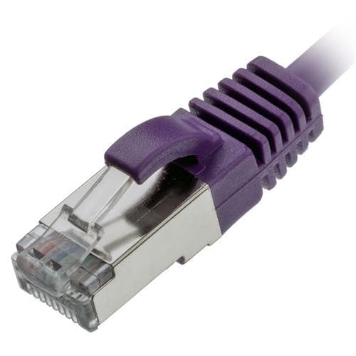 Purple Ethernet cable with a slim design, featuring a clear plastic connector and a molded strain relief for durability, labeled as Cablenet CNL 0.25M C6 Vi UTP Ls 30AWG.