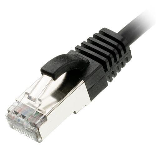 Black 0.3-meter Ethernet cable with a slim design, featuring a clear plastic connector and a locking tab for secure connection, made of 30AWG UTP material.