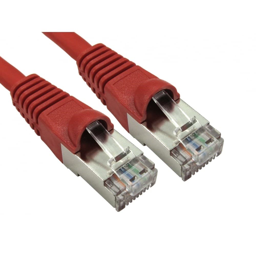 Red 0.5m CAT6a S/FTP networking cable with male connectors on both ends, featuring clear plastic clips and metallic housing for durability.
