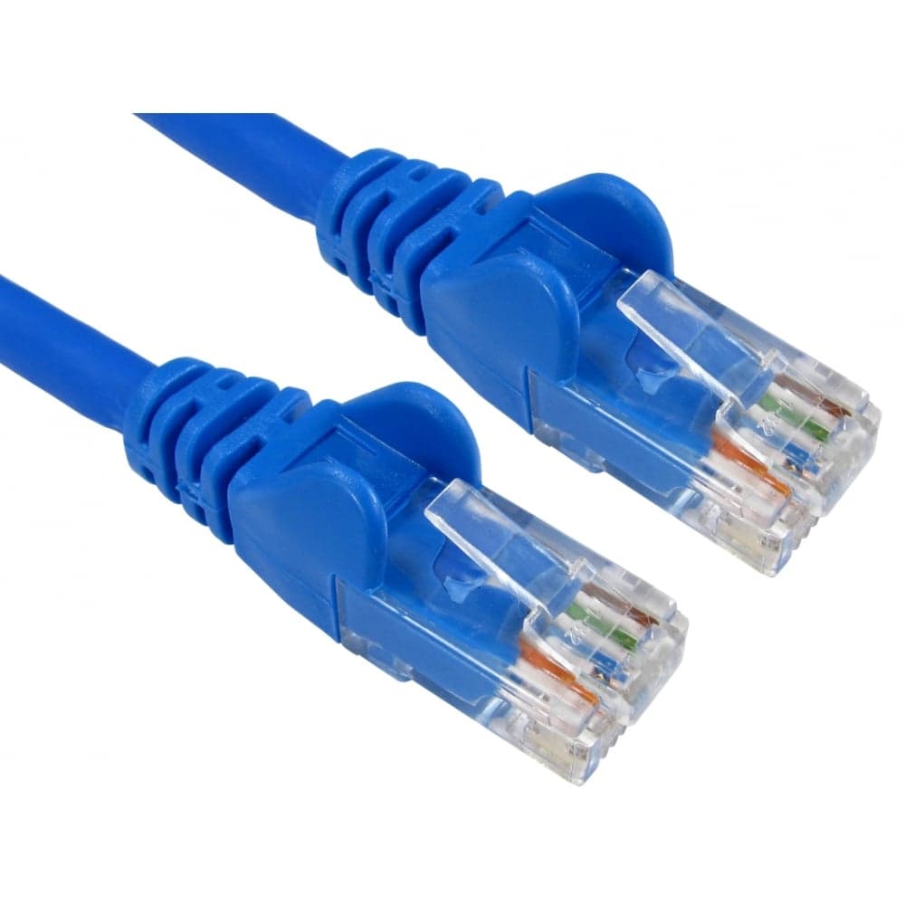 Bright blue 1m Ethernet cable with transparent connectors, featuring eight color-coded wires visible inside, designed for gigabit networking.