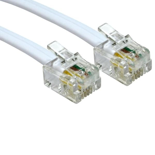 White RJ11 plug to plug modem cable, 3 meters long, featuring clear plastic connectors with gold contacts and a flexible white cable.