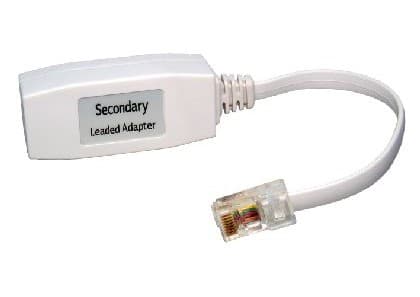 White VoIP telephone adapter with a clear plastic connector, labeled "Secondary Leaded Adapter," featuring a short cable for easy connection.