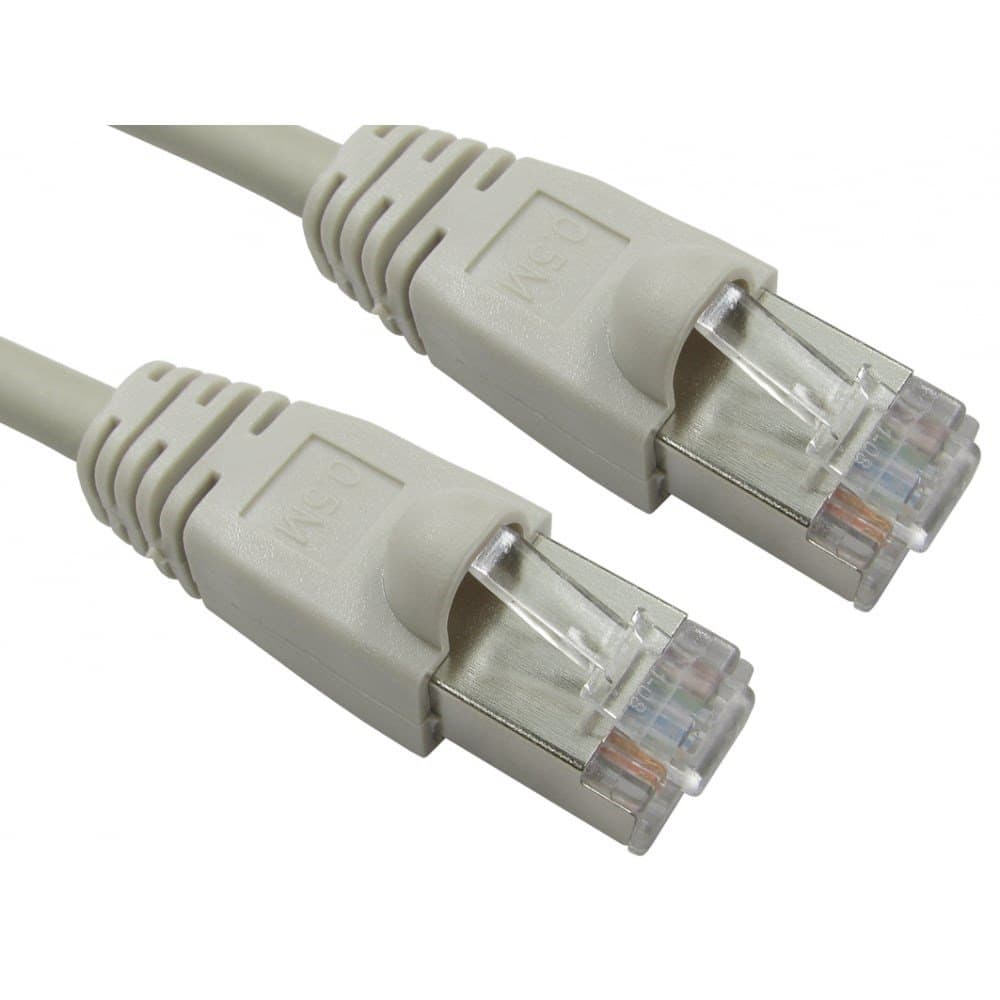 Grey 25m Cat6 FTP networking cable with two transparent connectors, featuring a flat design for improved flexibility and reduced interference.