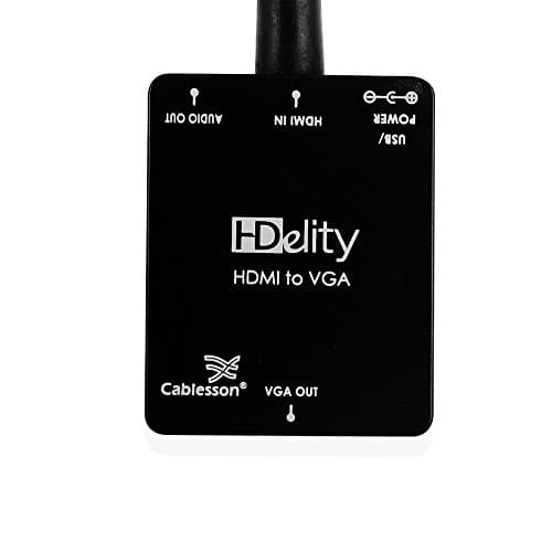 Black HDMI to VGA converter adapter cable featuring a micro USB power input and audio port, with clear labeling for HDMI input and VGA output.