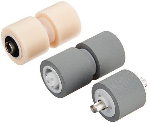 Three printer/scanner rollers in varying sizes; two are gray with textured surfaces and one is cream-colored with a black center, designed for Canon devices.