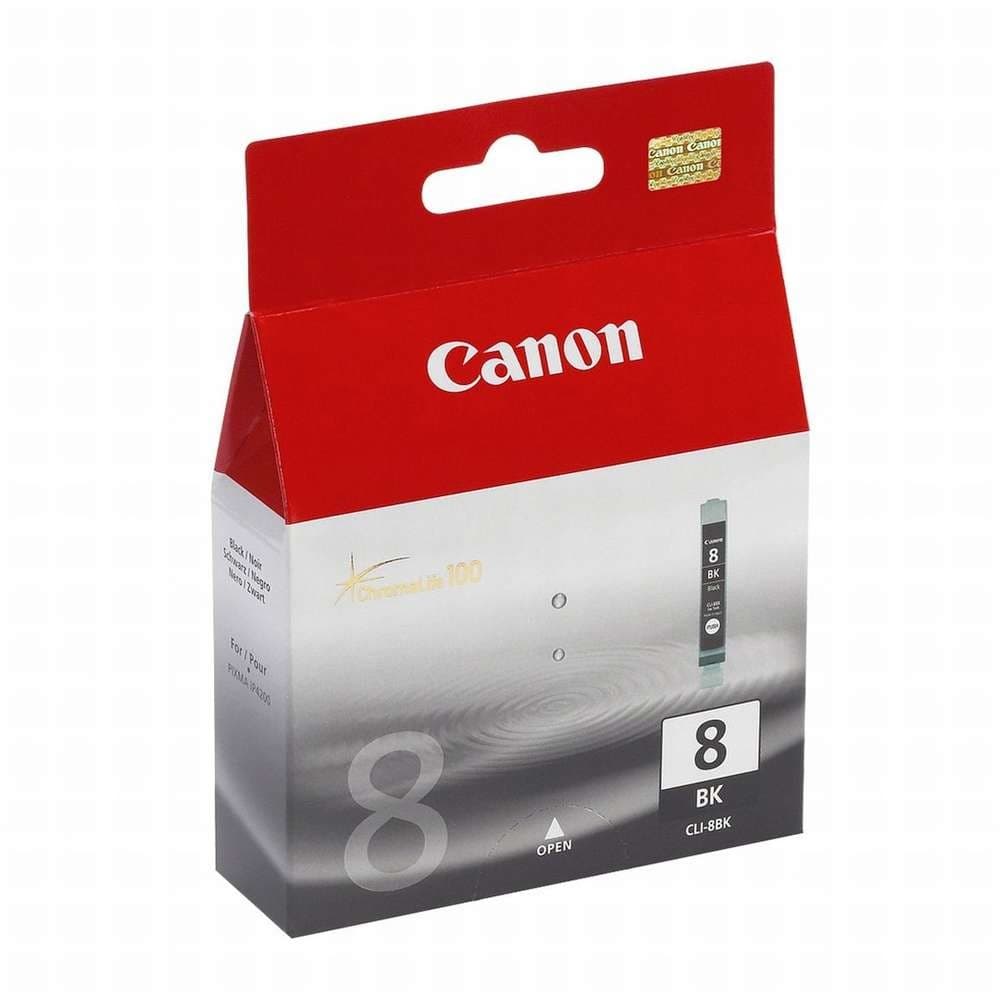 Black ink tank in a red and silver box, labeled "Canon CLI 8Bk," featuring a clear window showing the ink cartridge and the number "8" prominently displayed.